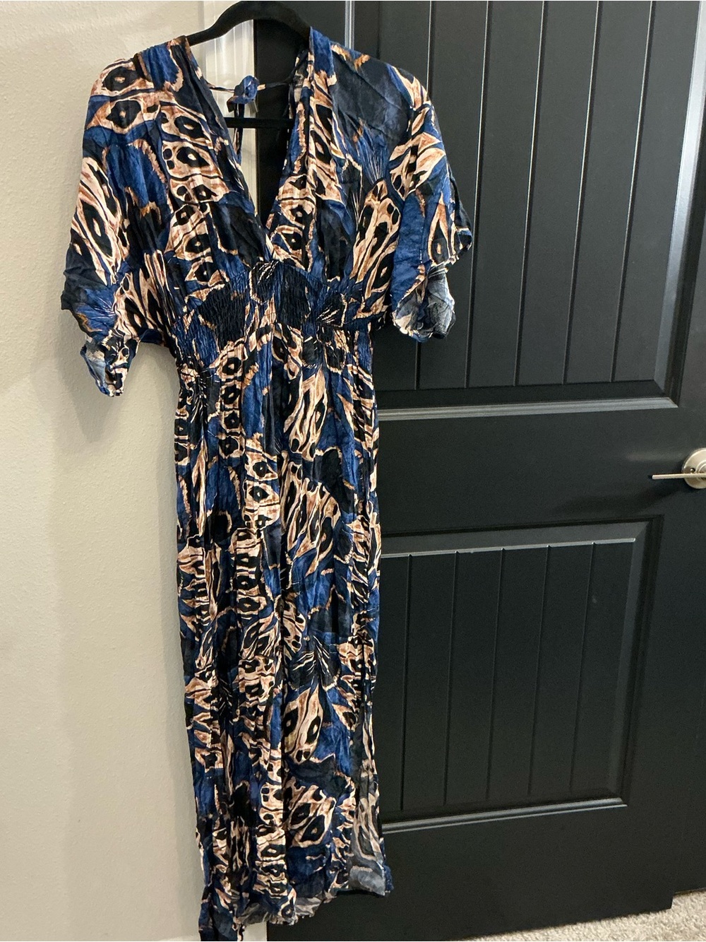 lovestitch Blue and Beige Abstract Print V-Neck Dress